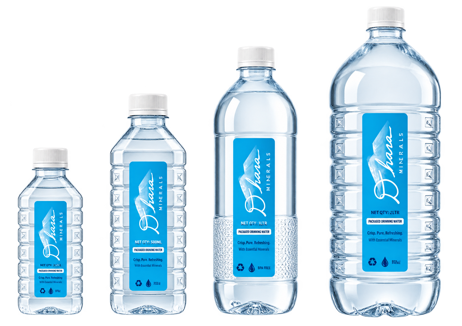 The Dhara Minerals range — 200ml, 500ml, 1 litre and 2 litre packaged drinking water bottles.